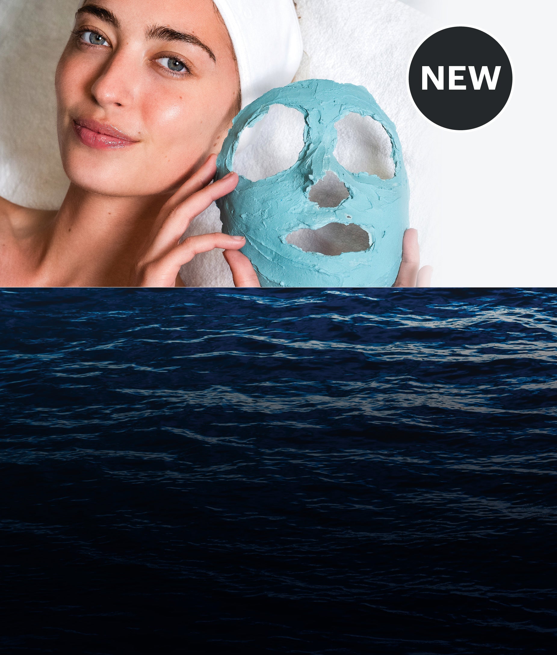 Woman holding a blue face mask with ocean background and 'NEW' label